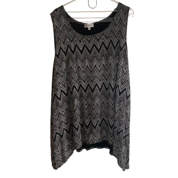 Black Metallic Silver Chevron Tunic Top Plus 22 24 Shark Bite Hem Evening Witchy - Picture 1 of 6